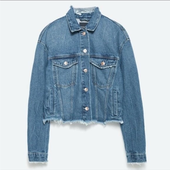 Zara Jackets & Blazers - ZARA TRF Size X-Large Medium Wash Cropped Raw Hem Distress Denim Jean Jacket